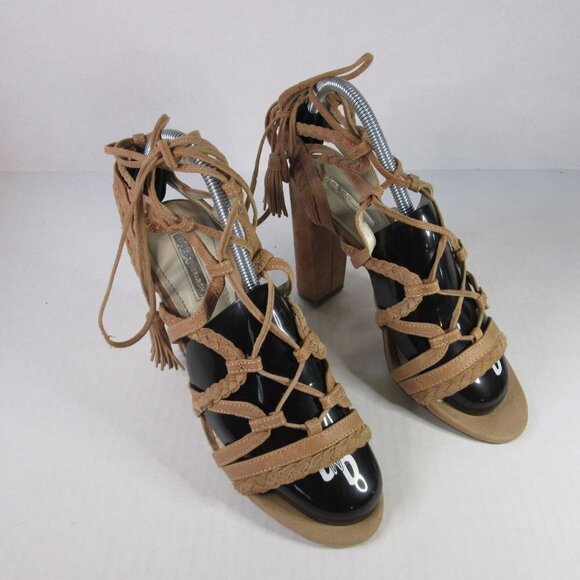 BCBGeneration Brown Suede Leather Lace Up Heels Peep Toe Tassel Boho Women's 8.5 - Picture 4 of 9
